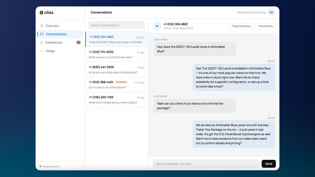 Olias dashboard — monitor every customer conversation and override replies anytime